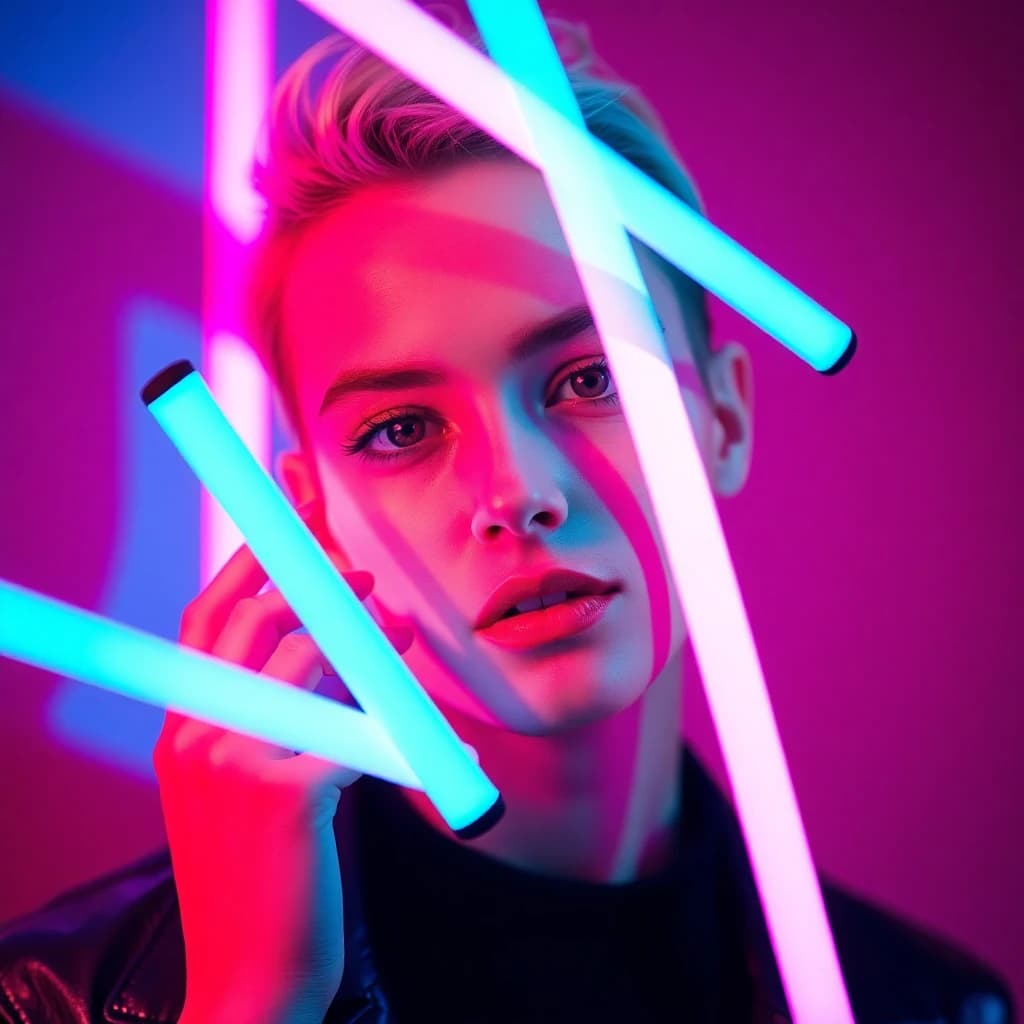 AI generated creative portrait with neon colored lighting - SelfAI photo studio